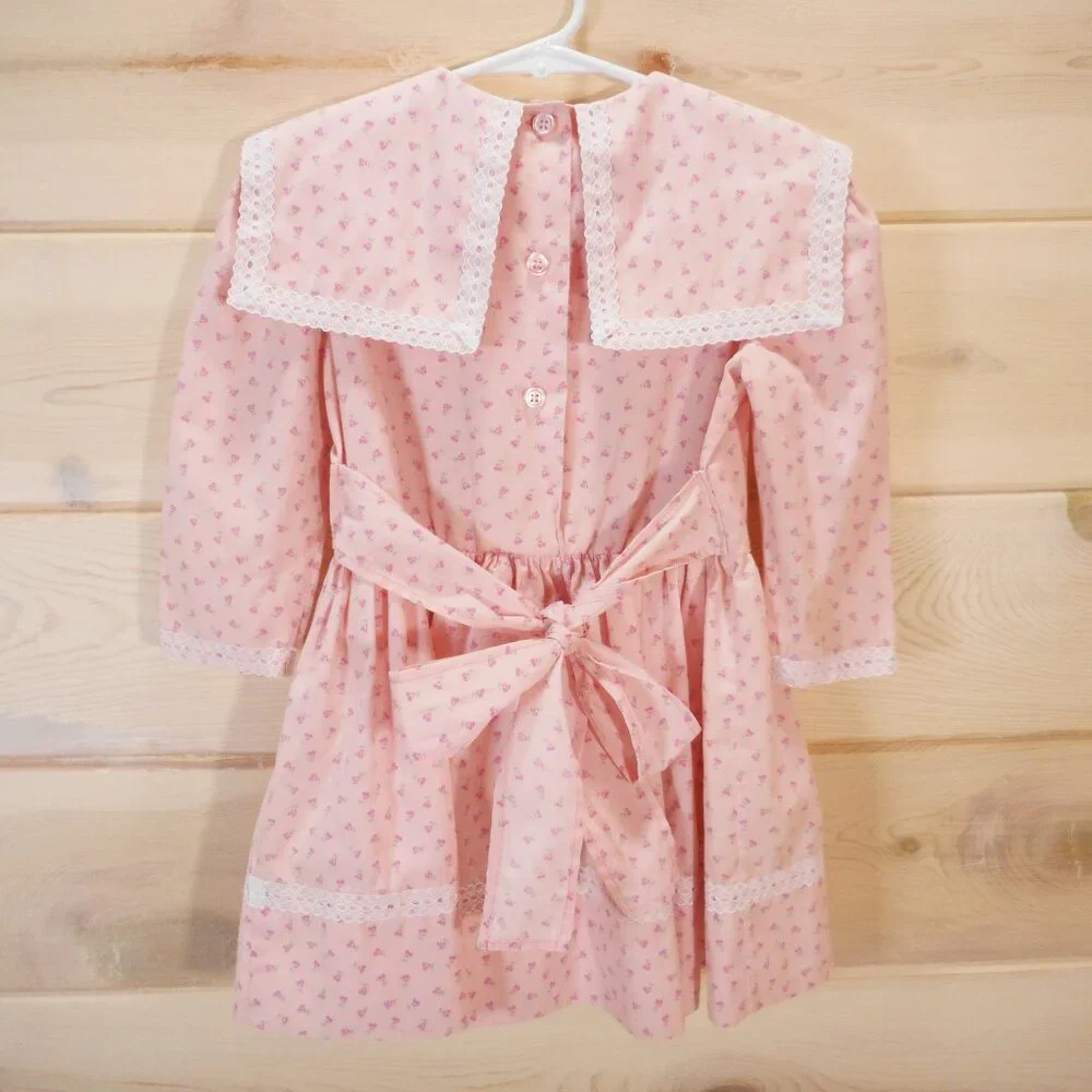 Vintage Handmade Dress Girls Size 5 (approx) Sailor Bib Collar Pink Pansy Floral